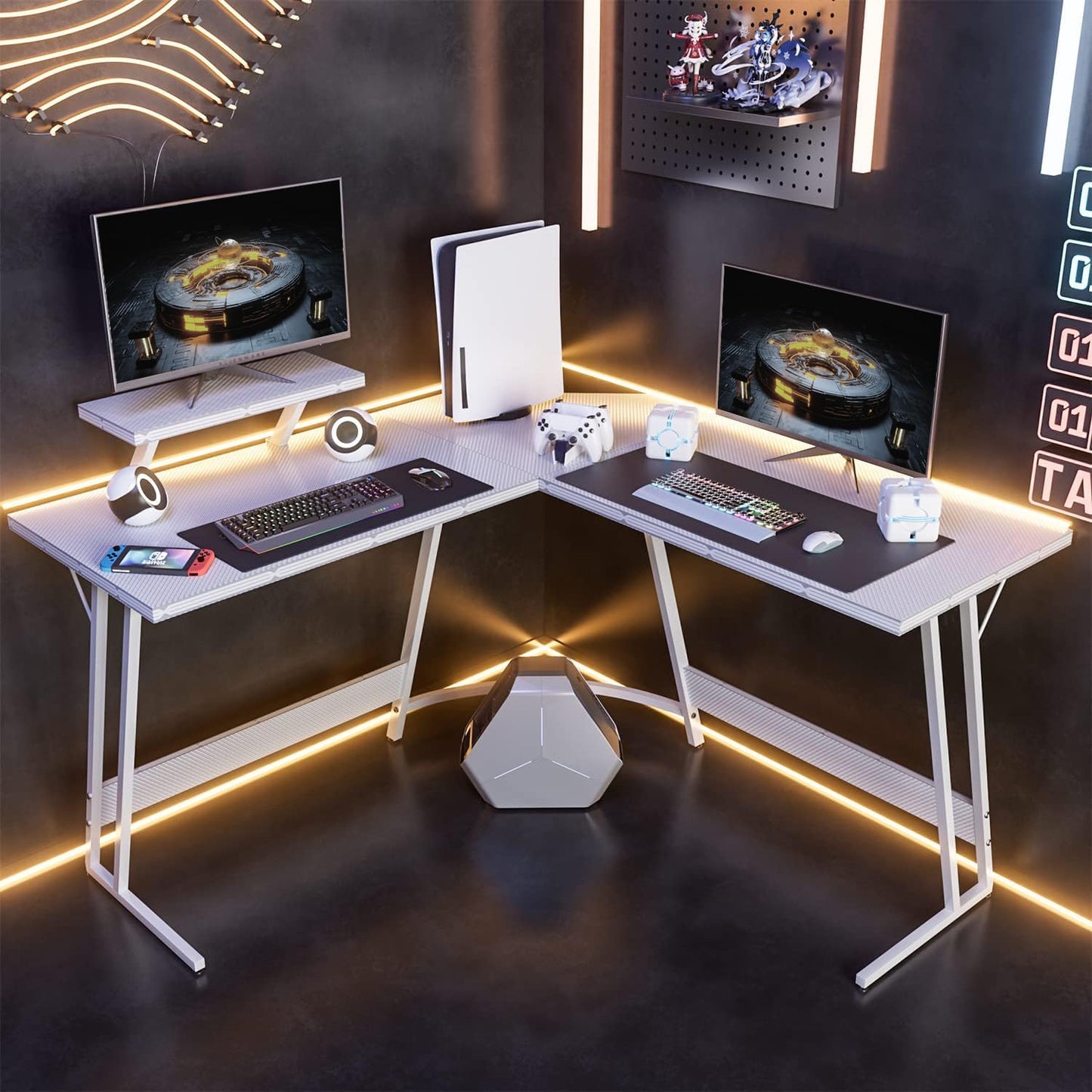 WWI Gaming Desk Computer Desk Office Desk 130cm L Shaped Desk with Carbon Fiber Surface Corner Desk Study Desk with Removable Monitor Stand (white)