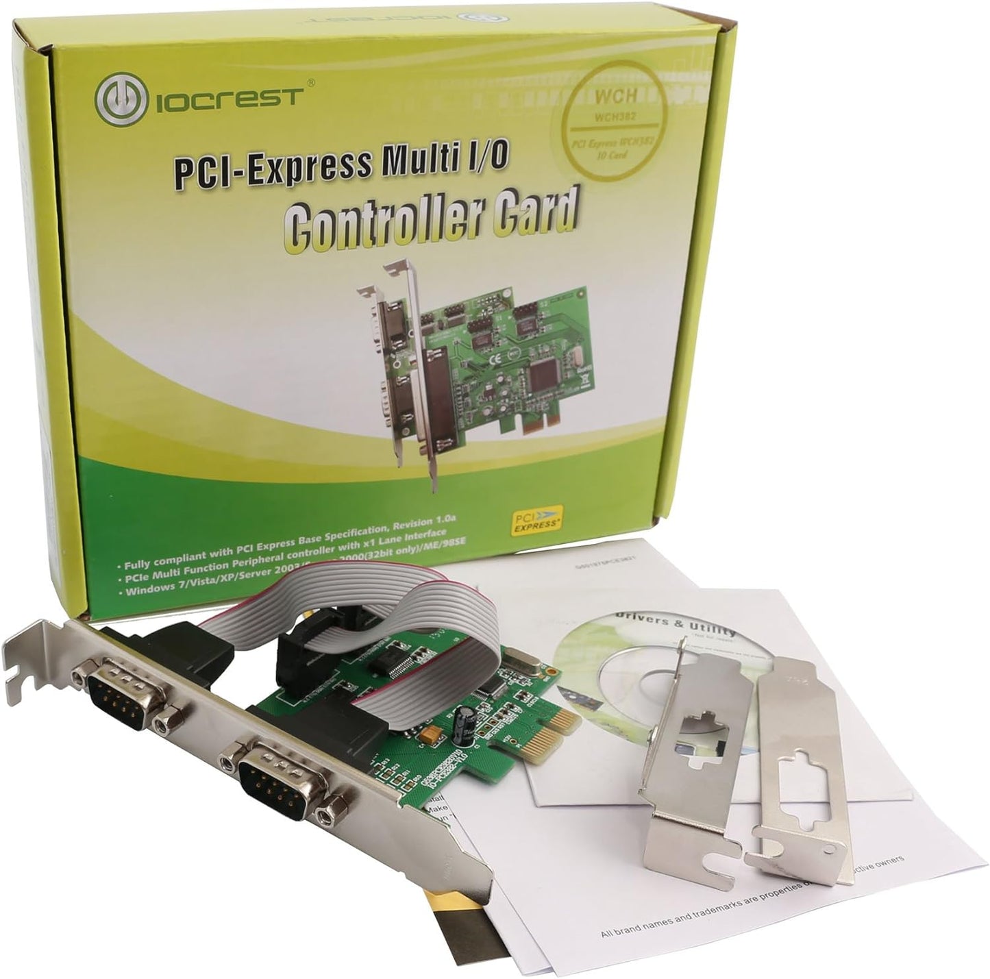 I/O Crest 2 Port Serial COM DB9 RS-232 and 1 Port DB25 Printer Lpt1 Port PCI-E 1.0 X1 Card WCH382 Chipset