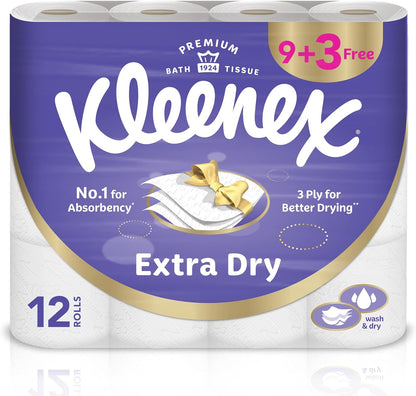 Kleenex Extra Dry Toilet Tissue Paper, 3 PLY, 12 Rolls x 160 Sheets, Embossed Bathroom Tissue with Superior Absorbency