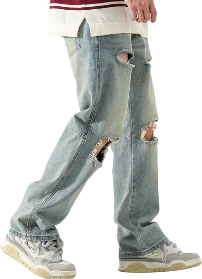 DOSLAVIDA Men's Baggy Jeans Loose Fit Ripped Distressed Jean Relaxed Skateboard Denim Pants with Holes