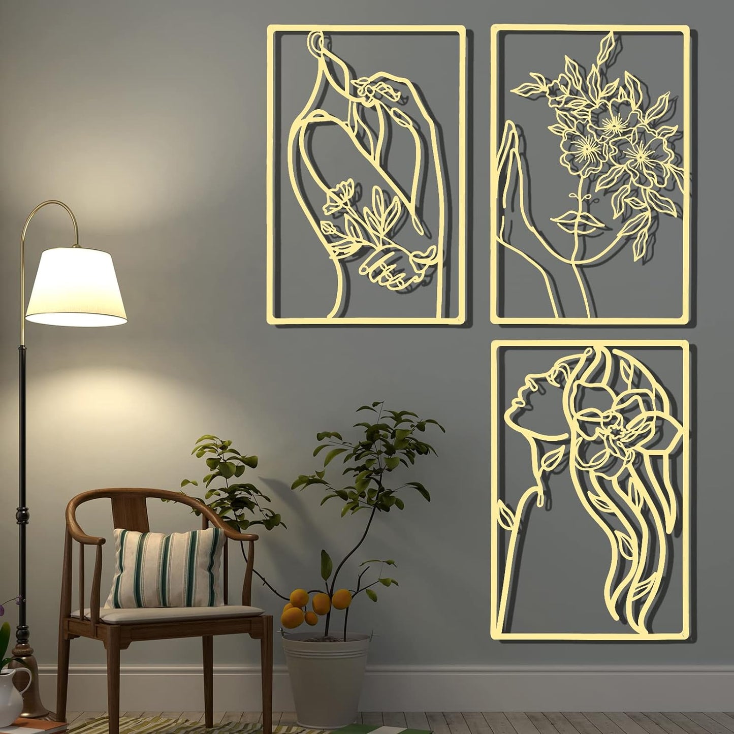 CHENGU 3 Pieces Metal Minimalist Abstract Woman Wall Art Line Drawing Wall Art Decor Single Line Female Home Hanging Wall Art Decor for Kitchen Bathroom Living Room (Black, Hand)