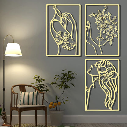 CHENGU 3 Pieces Metal Minimalist Abstract Woman Wall Art Line Drawing Wall Art Decor Single Line Female Home Hanging Wall Art Decor for Kitchen Bathroom Living Room (Black, Hand)