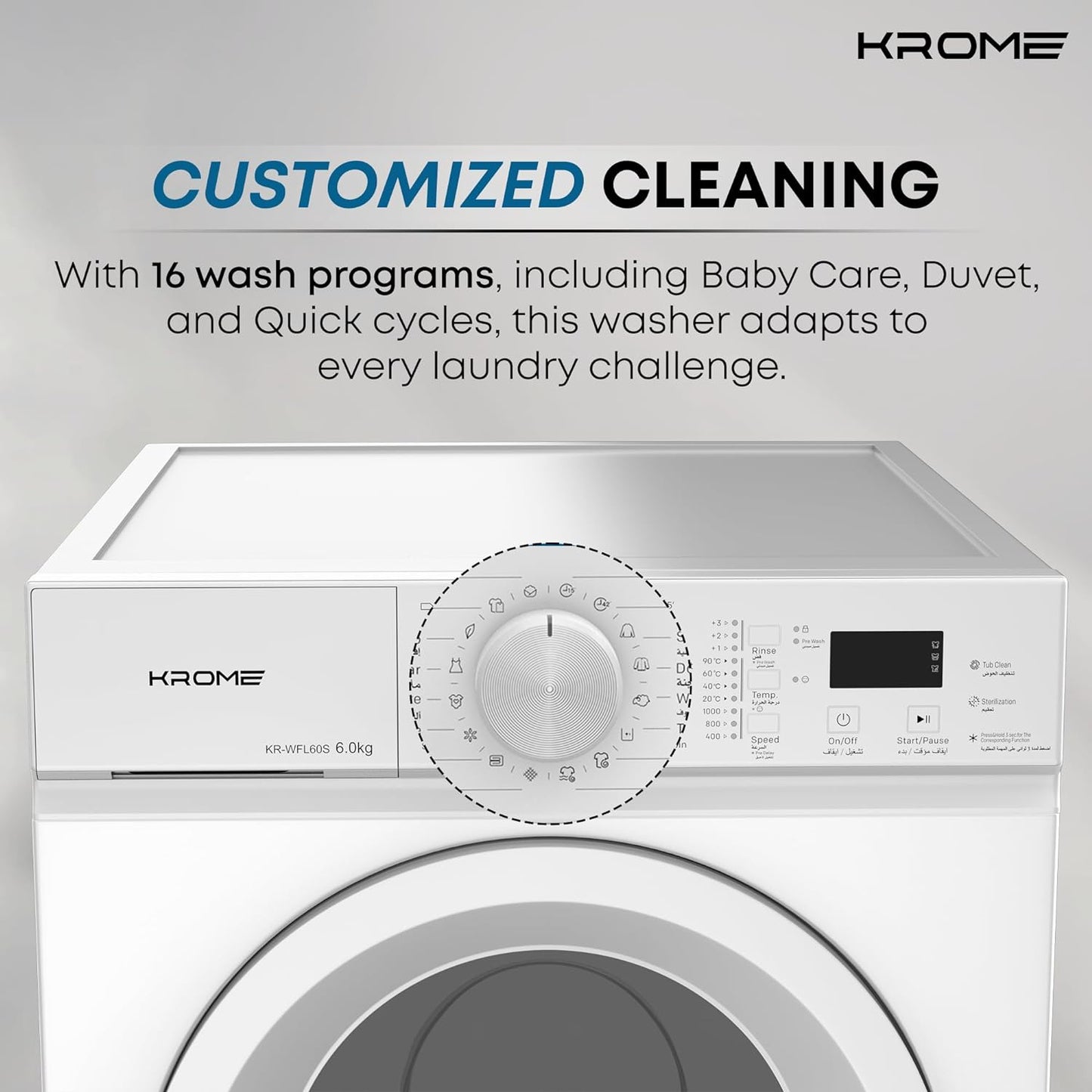 KROME 6Kg 1000 RPM Front Load Washing Machine,LED Display with Universal Motor, 5 Star Energy Efficient, 16 Wash Programs with Variable Temperature Setting, 5 Year Motor Warranty Titanium - KR-WFL60SS