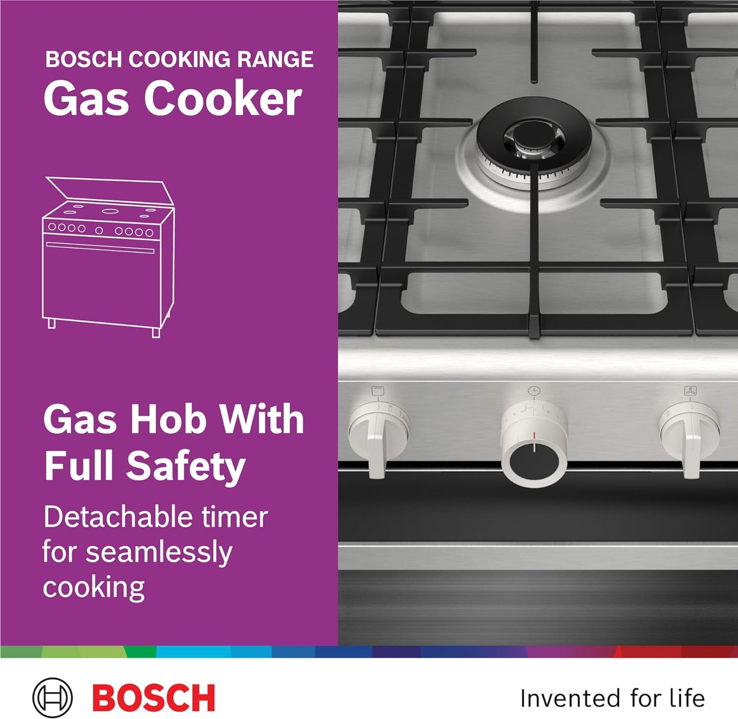 Bosch Cooking Range 147 Liters, Gas Cooker 90×60 cm, Stainless Steel Gas Range Cooker, German Engineering Gas Cooker HGV1D0V50M