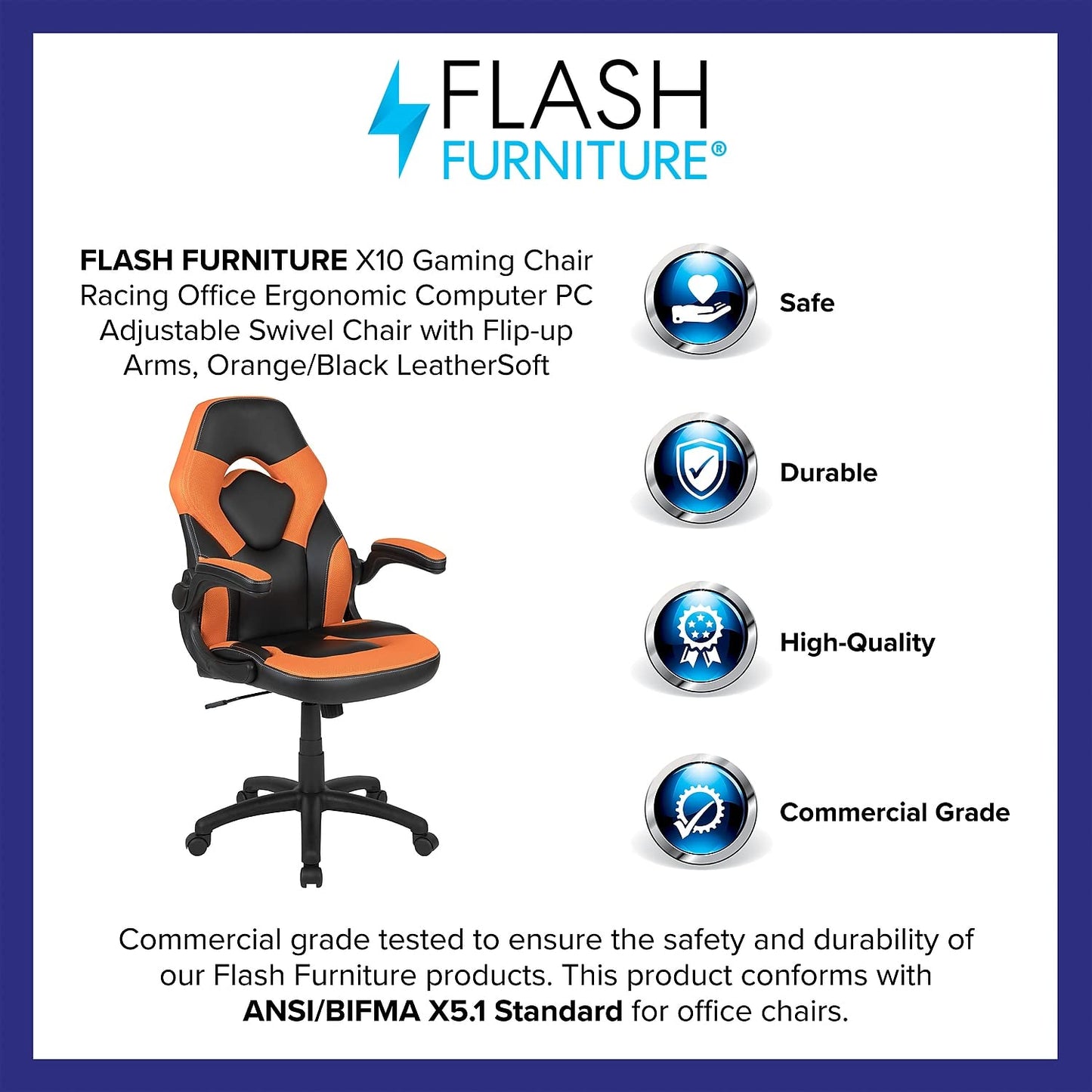 Flash Furniture X10 Gaming, Racing Office Ergonomic Computer PC Adjustable Swivel Chair with Flip-up Arms, Gray/Black LeatherSoft