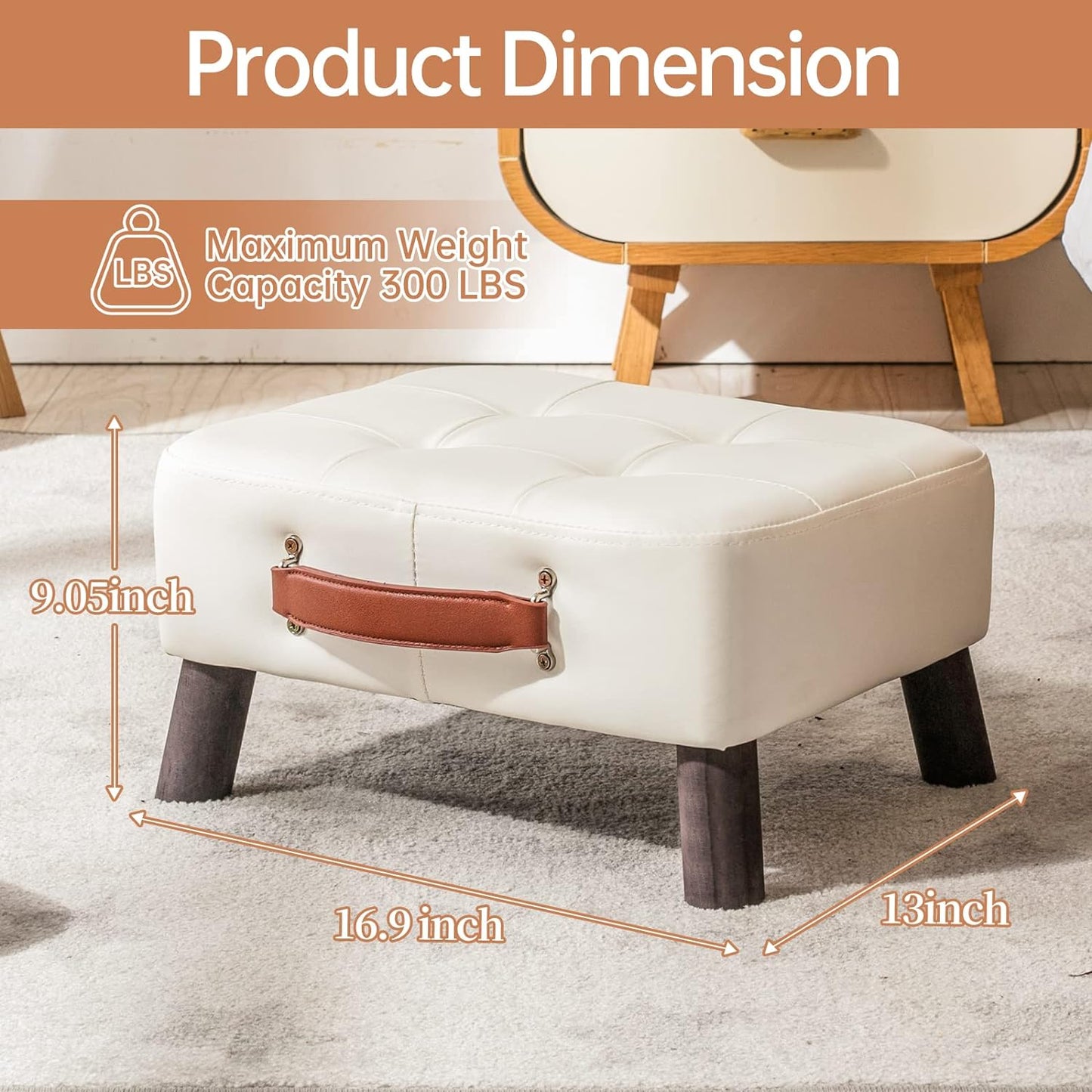 Small foot stool ottoman, Beige PU leather rectangle ottoman footrest, bedside step stool with wood legs, small Rectangular stool, foot rest for couch, small ottoman for desk, living room, bedroom