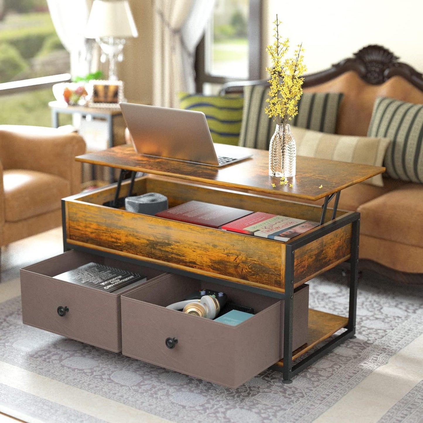 Lift Top Coffee Tables for Living Room, Industrial Wood Storage Shelf Cabinet for Living Room Reception Room Office Coffee Table with op-Up Storage, Open Shelf Rising Center/End Table for Living Room