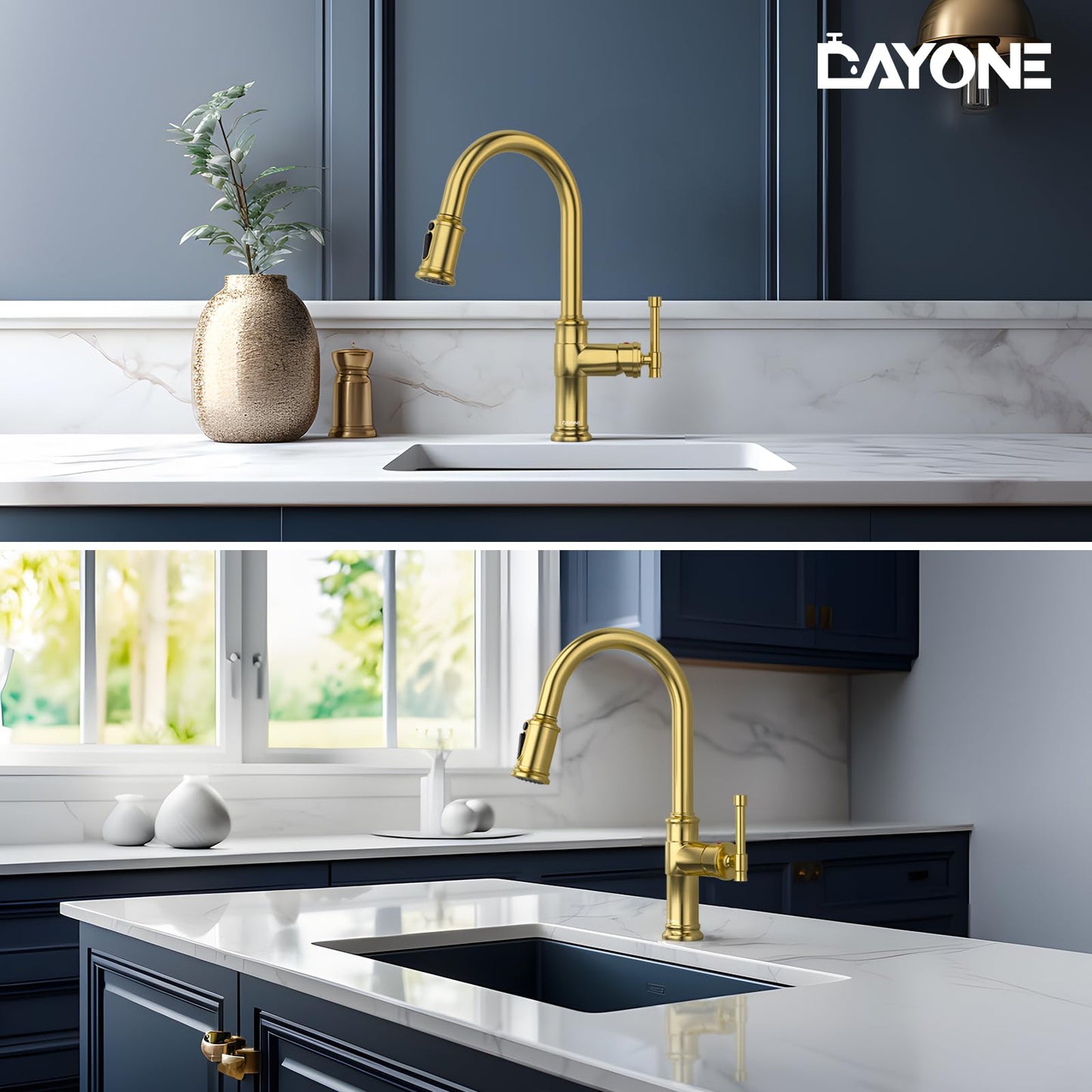 DAYONE Chrome Kitchen Faucet with Pull Down Sprayer, Single Handle Kitchen Mixer with 3 Water Modes Stainless Steel Kitchen Taps