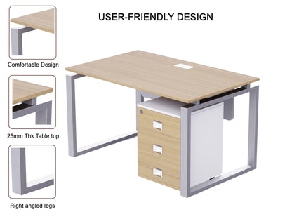 Mahmayi Carre Modern Workstation- Office Furniture with Steel Square Metal Legs, Silver Modesty Panel, Wood 3 Drawer Mobile Storage Unit, Tempered Glass Top for Office Executives, Home (140CM, White)