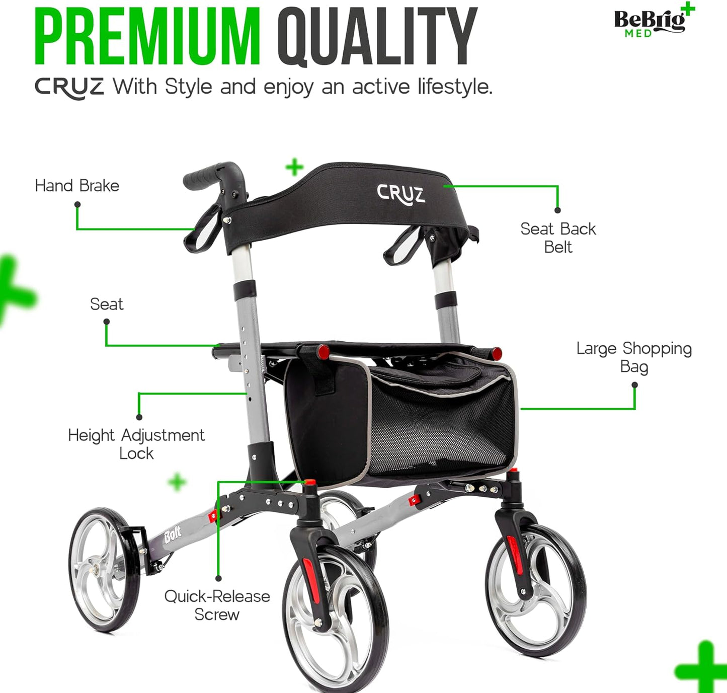 BeBrig Med Bolt Walker Rollator - Compact, Lightweight, and Durable Mobility Aid for Seniors, Walkers with Seat, Wheels, Cup and Cane Holder, Hidden Cables, Indoor and Outdoor Use (Silver)