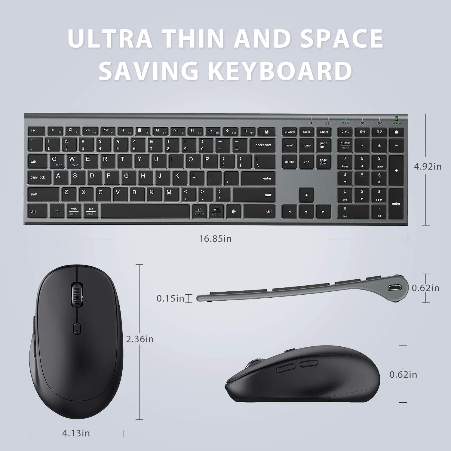 iClever Bluetooth Keyboard and Mouse Set DK03, Rechargeable Dual-Mode (Bluetooth + 2.4G) Wireless Keyboard and Mouse Set, Ultra-Slim Multi-Device Keyboard for Mac, iPad, Apple, Android, Win,Grey Black - CaveHubs