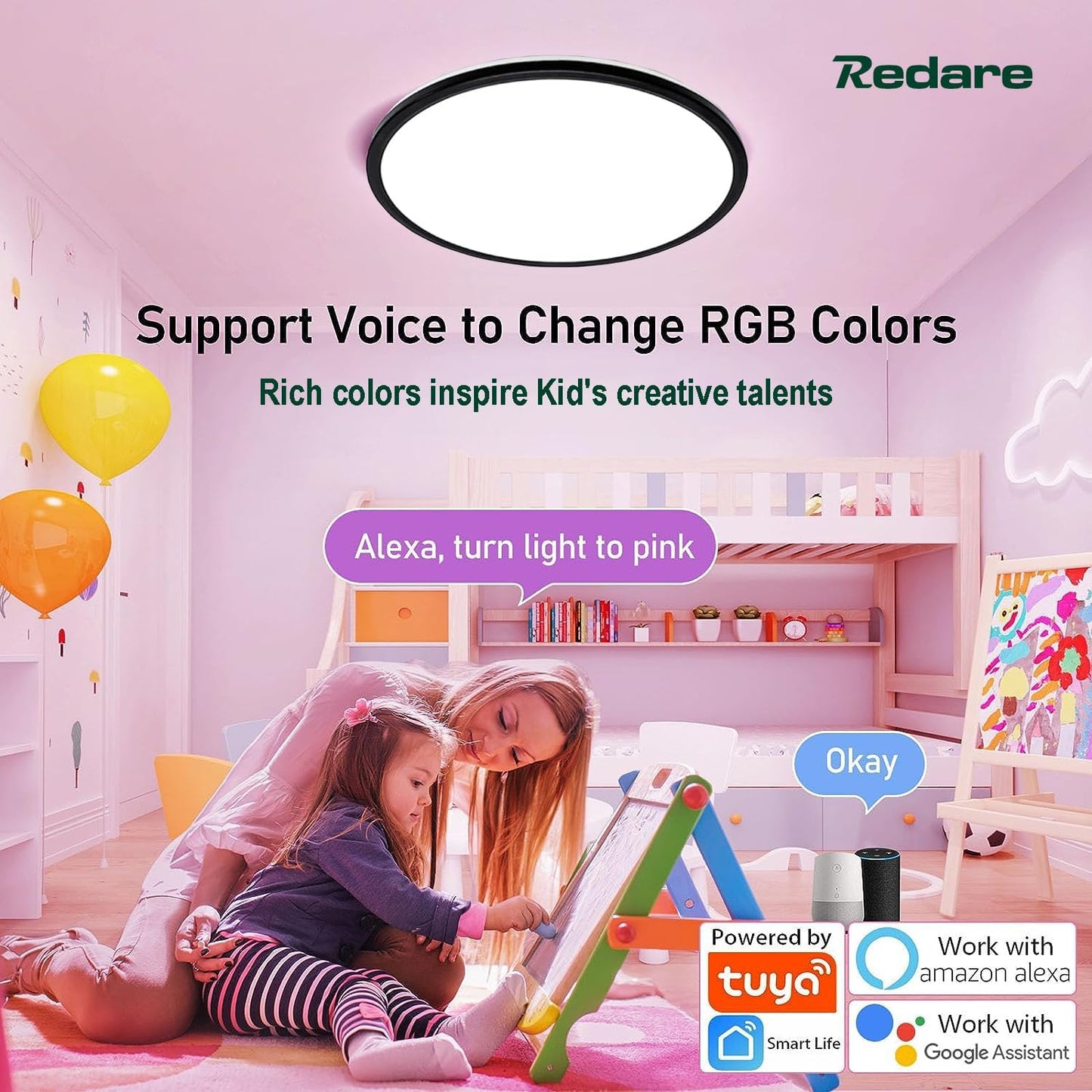 Redare Alexa Smart Ceiling Light,RGB Wifi Ceiling Light,30cm 24W Dimmable LED Flush Mount Ceiling Light Compatible with Alexa Google Home,Color Changing Ceiling Lamp for Bedroom,Kitchen (WiFi, White)