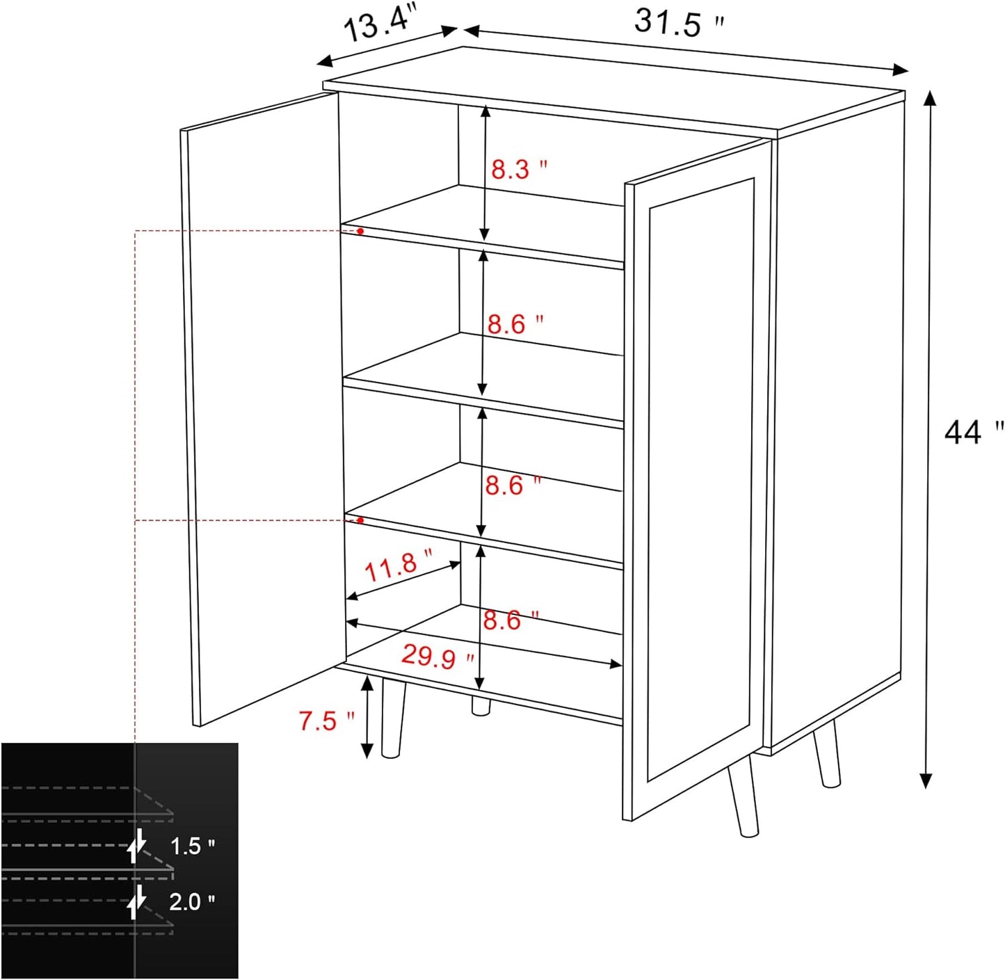 Anmytek Rattan Cabinet, 44" H Tall Sideboard Storage Cabinet with Crafted Rattan Front, Entryway Shoe Cabinet Wood 2 Door Accent Cabinet with Adjustable Shelves Rustic Oak, H0030