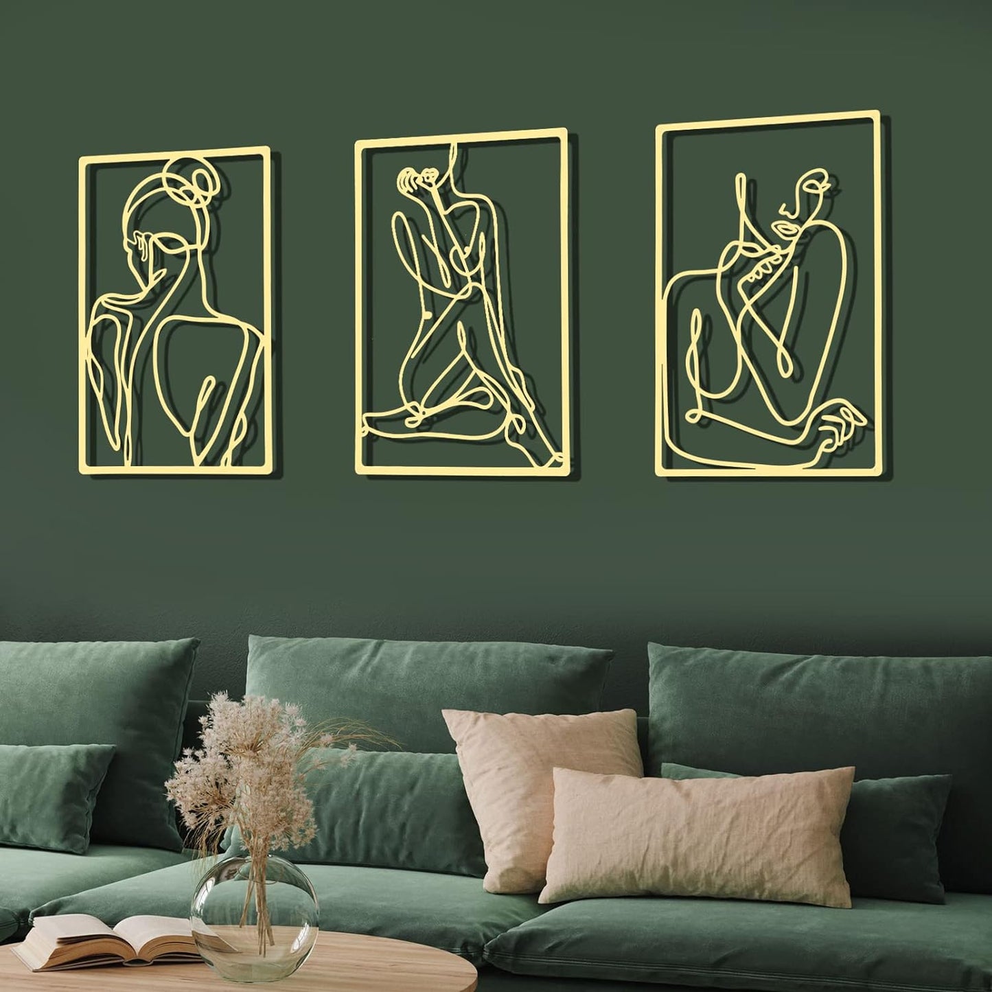 CHENGU 3 Pieces Metal Minimalist Abstract Woman Wall Art Line Drawing Wall Art Decor Single Line Female Home Hanging Wall Art Decor for Kitchen Bathroom Living Room (Black, Hand)