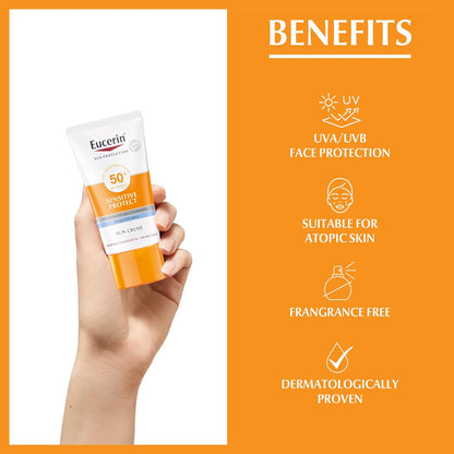 Eucerin Sun Cream Facial Sunscreen, High UVA/UVB Protection, SPF 50+, Water-Resistant, Fragrance-Free, Sun Protection For Sensitive and Dry Skin, Suitable for Atopic Skin, 50ml