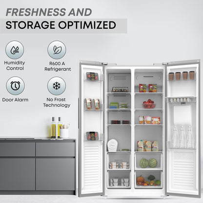 KROME 600L Gross, Side By Side Refrigerator with Multi Air Flow System, Electronic Touch Temperature Control, Door Alarm, No Frost Cooling System, 10 Year Compressor Warranty, Silver- KR-SBS601SM