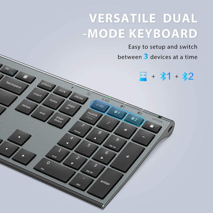 iClever Bluetooth Keyboard and Mouse Set DK03, Rechargeable Dual-Mode (Bluetooth + 2.4G) Wireless Keyboard and Mouse Set, Ultra-Slim Multi-Device Keyboard for Mac, iPad, Apple, Android, Win,Grey Black - CaveHubs