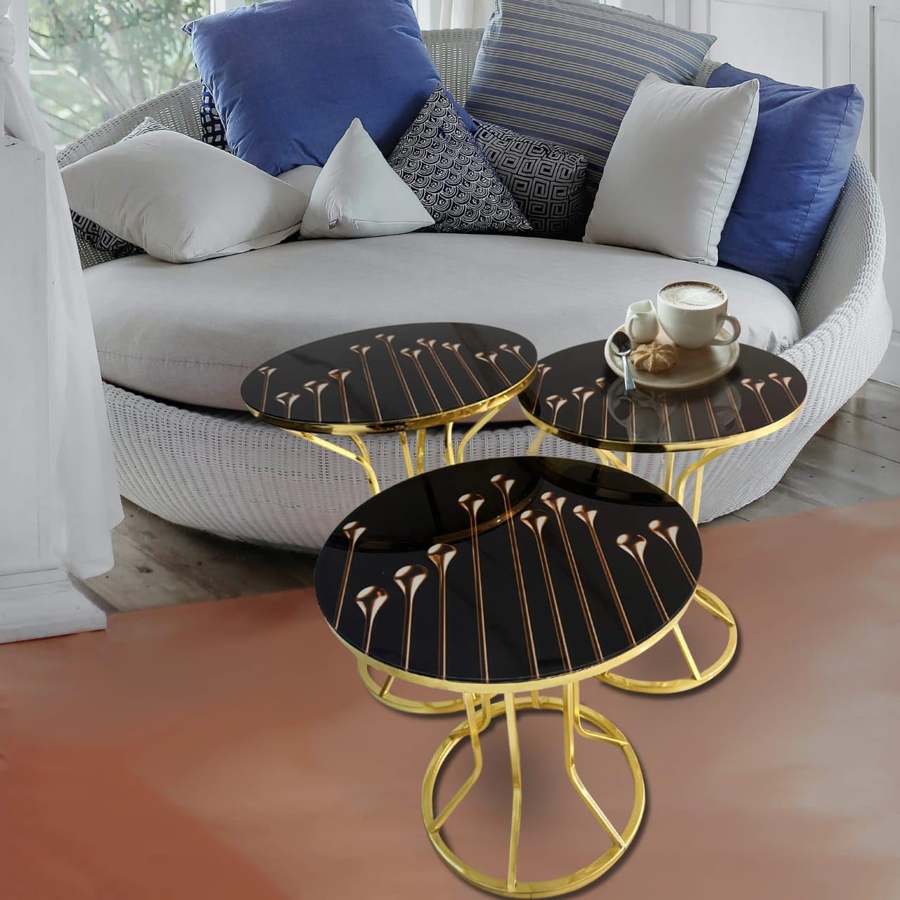 LHFHOMT- Round Coffee table set Nesting Coffee Table Set of 3 Pieces, Wooden Top, Gold Metal legs End Table Desk for Living Room, Balcony, Office, Sofa Side (White - Black Lines)