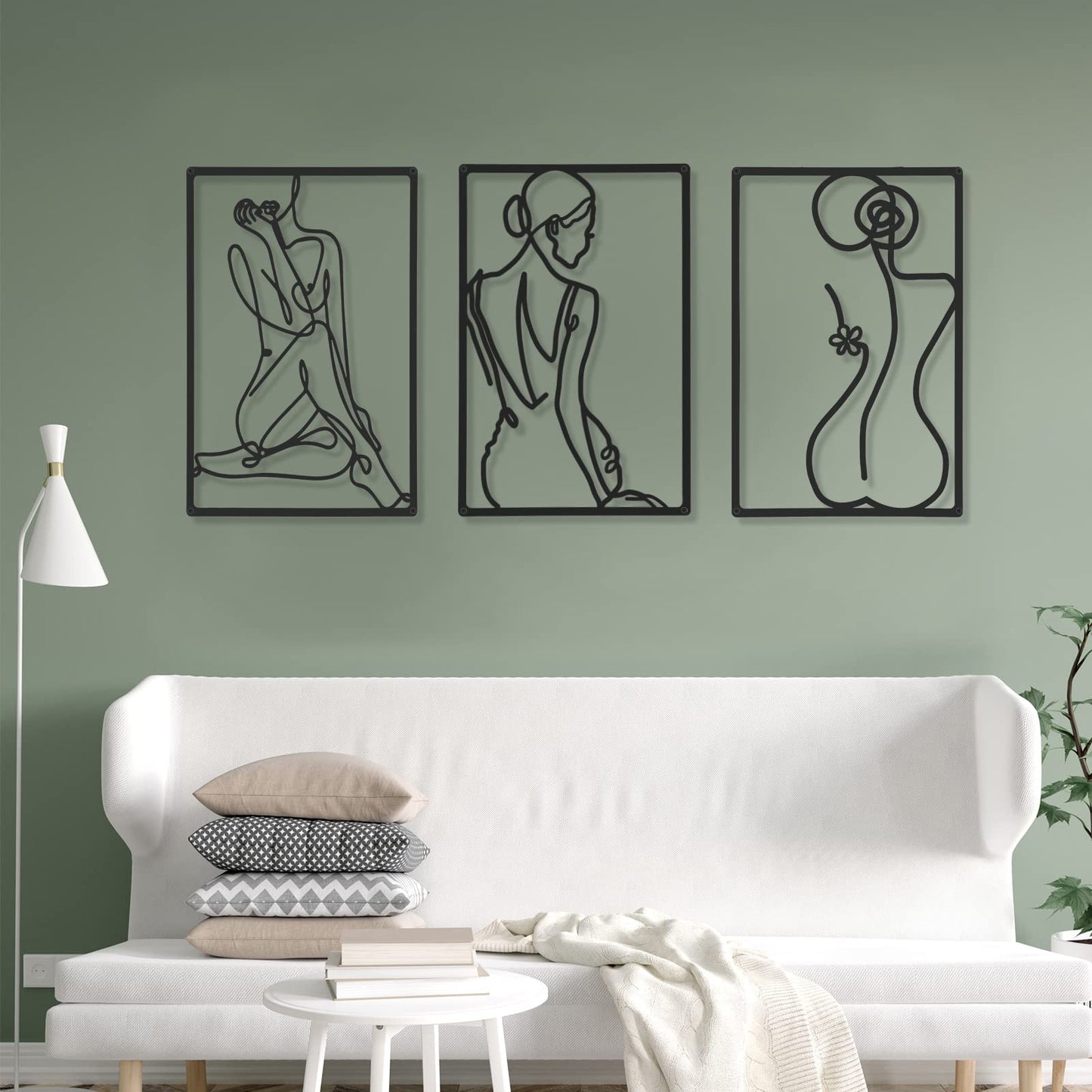 CHENGU 3 Pieces Metal Minimalist Abstract Woman Wall Art Line Drawing Wall Art Decor Single Line Female Home Hanging Wall Art Decor for Kitchen Bathroom Living Room (Black, Hand)