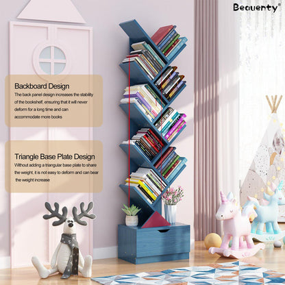 Beauenty Desktop Tree Bookshelf Display Storage Shelf 10 Tier, Wood Storage Rack Tree Bookcase With Drawer For Home School Book Magazine Office Study Table Bedroom (Style 2)