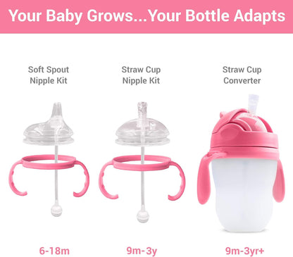 Anpei Straw Sippy Cup Transitional Nipple Kit Bundle Compatible with Comotomo Baby Bottles, 5 oz and 8 oz | Value Bundle 2 Kits + Brushes (Pink)