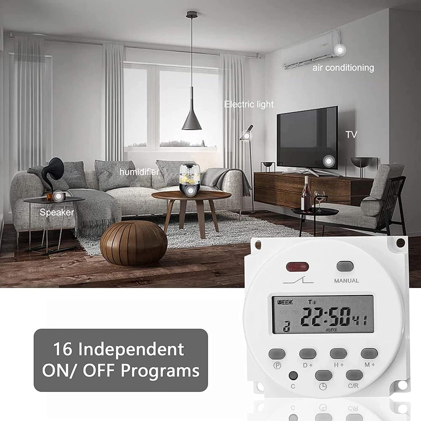 ELECDON Weekly Digital Programmable Timer Switch, Home Appliance Switch timer, 16 Independent ON/OFF Programs, for Lights Fans Bread Maker, Air Conditioner Kitchen Timer, Easy control， Smart life