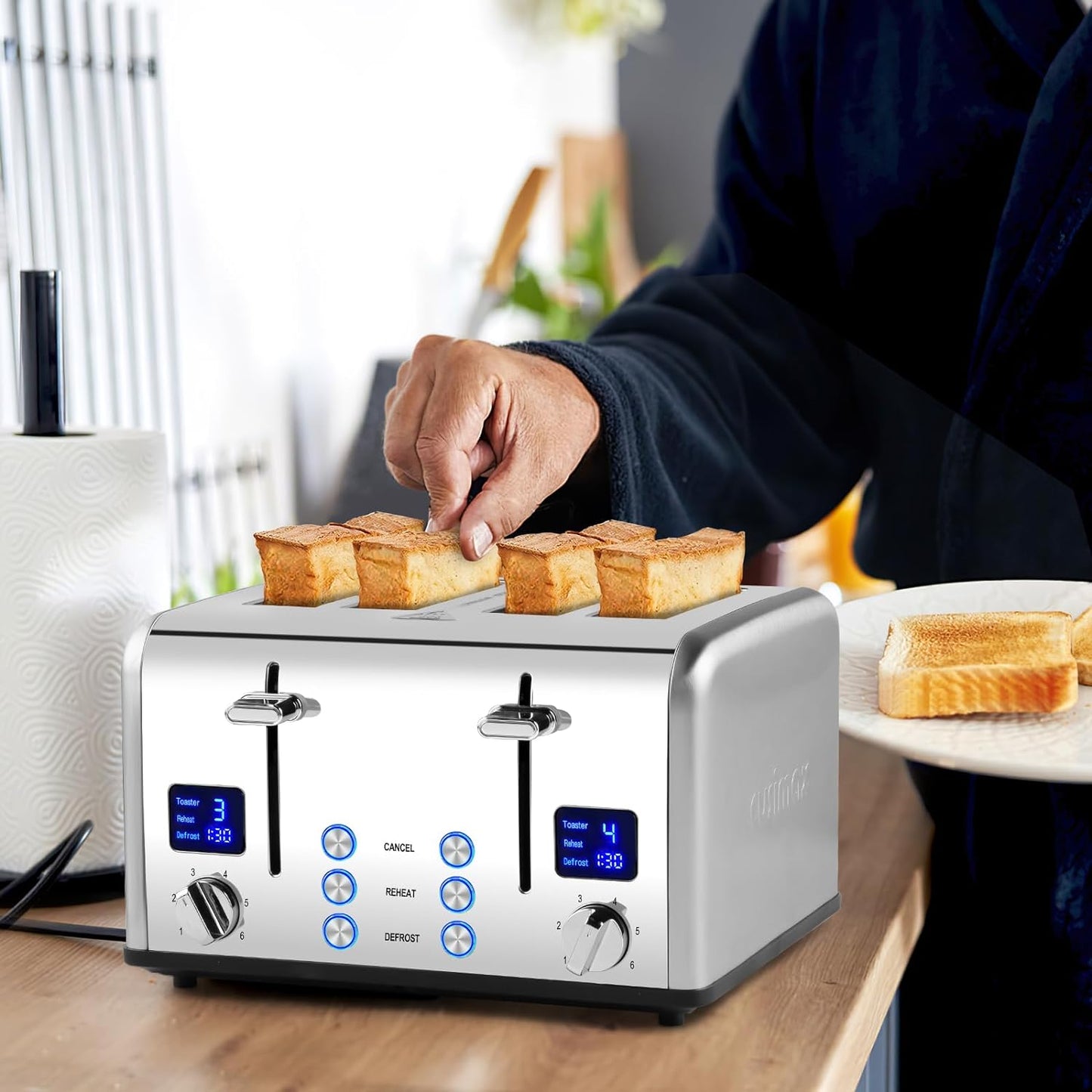 CUSIMAX 4 Slice Toaster LED Display Bread Toaster with Dual Control Panels of Timer, Extra Wide Slots and 6 Browning Settings, Cancel/Reheat/Defrost Function, Removable Crumb Trays, Silver