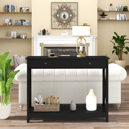 Treocho Oxford Design Console Table with 1 Drawer, Foyer Sofa Table Narrow for Entryway, Black