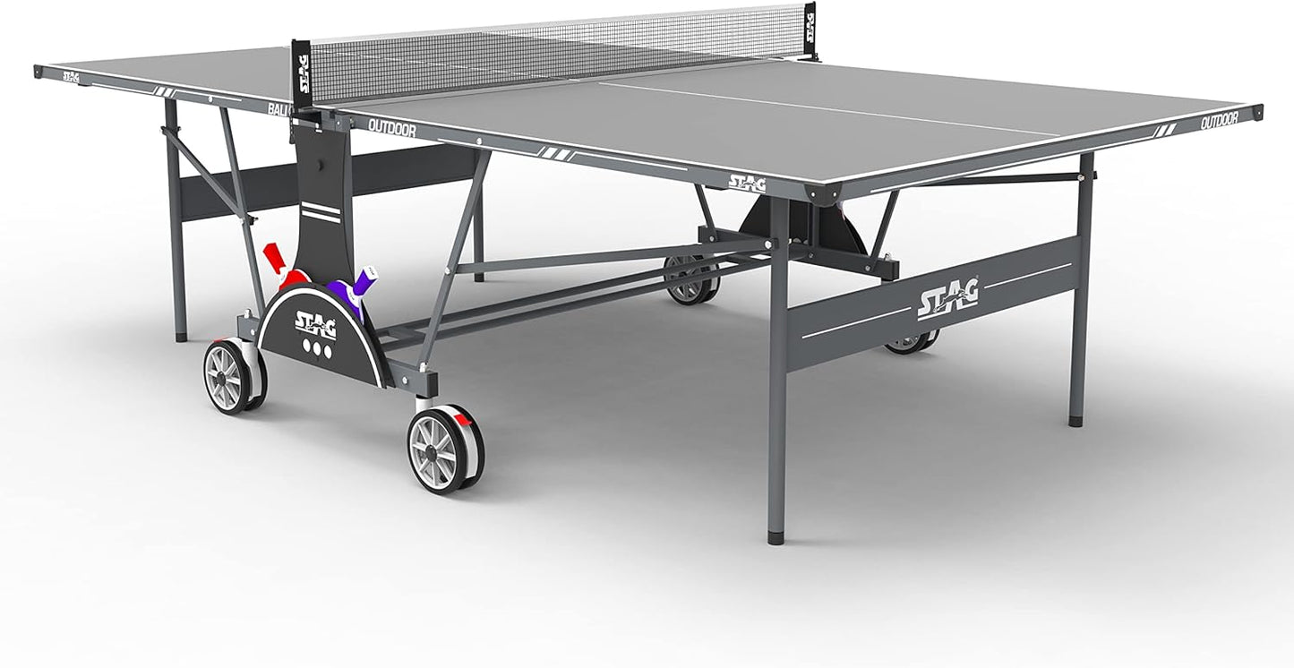 STAG Weatherproof Bali Outdoor Indoor Professional Table Tennis Table | Quick Assembly | 2 Racquets, 6 Balls, 1 Net Set & 1 Cover Included, Grey