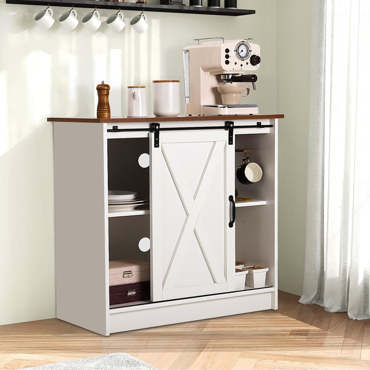 Farmhouse Coffee Bar Cabinet, Kitchen Sideboard Buffet Cabinet with Storage Coffee Bar Table with Sliding Barn Door, White Rustic Accent Console with Adjustable Shelves, for Kitchen, Dinning Room