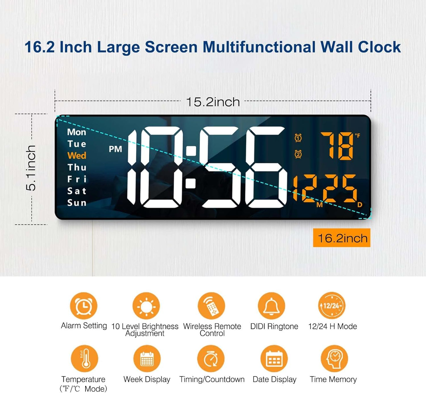 Digital Wall Clock Large Display, 16.2 Inch