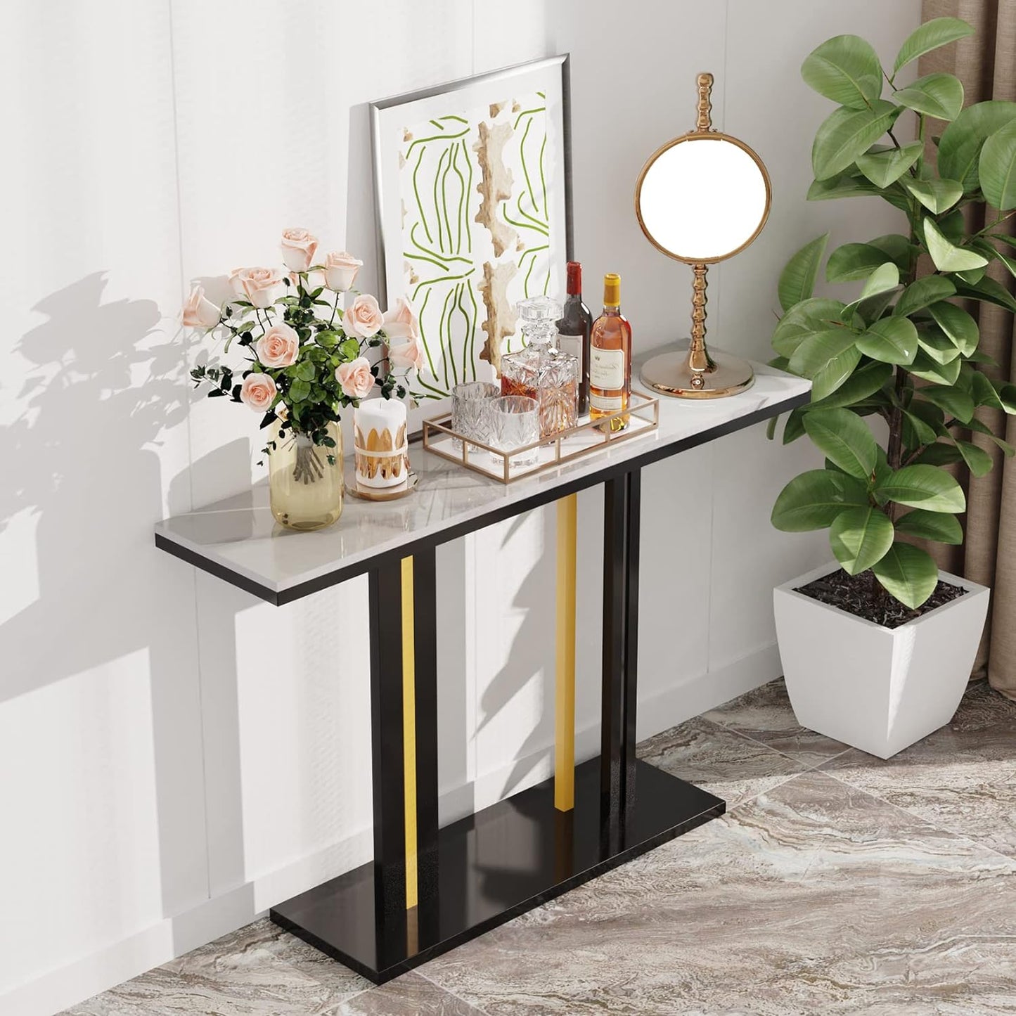 Wisfor Marble Console Table Hallway: 120x30x78 CM White Sintered Stone Entryway Console Table with Black and Gold Geometric Line Pedestal for Foyer, Living Room, Sofa Side Table