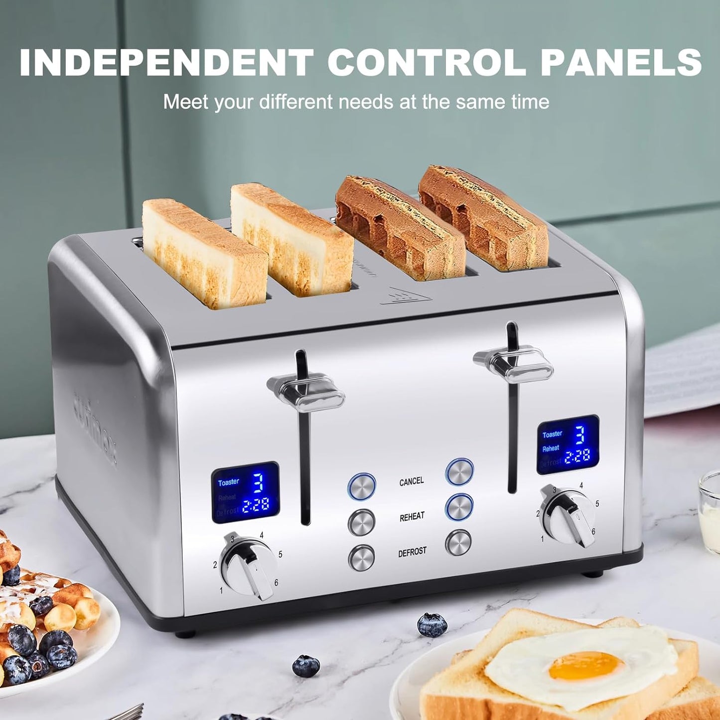 CUSIMAX 4 Slice Toaster LED Display Bread Toaster with Dual Control Panels of Timer, Extra Wide Slots and 6 Browning Settings, Cancel/Reheat/Defrost Function, Removable Crumb Trays, Silver