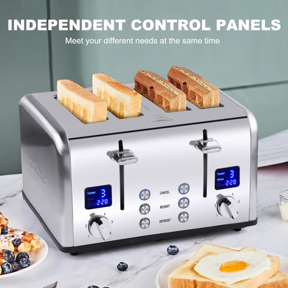 CUSIMAX 4 Slice Toaster LED Display Bread Toaster with Dual Control Panels of Timer, Extra Wide Slots and 6 Browning Settings, Cancel/Reheat/Defrost Function, Removable Crumb Trays, Silver