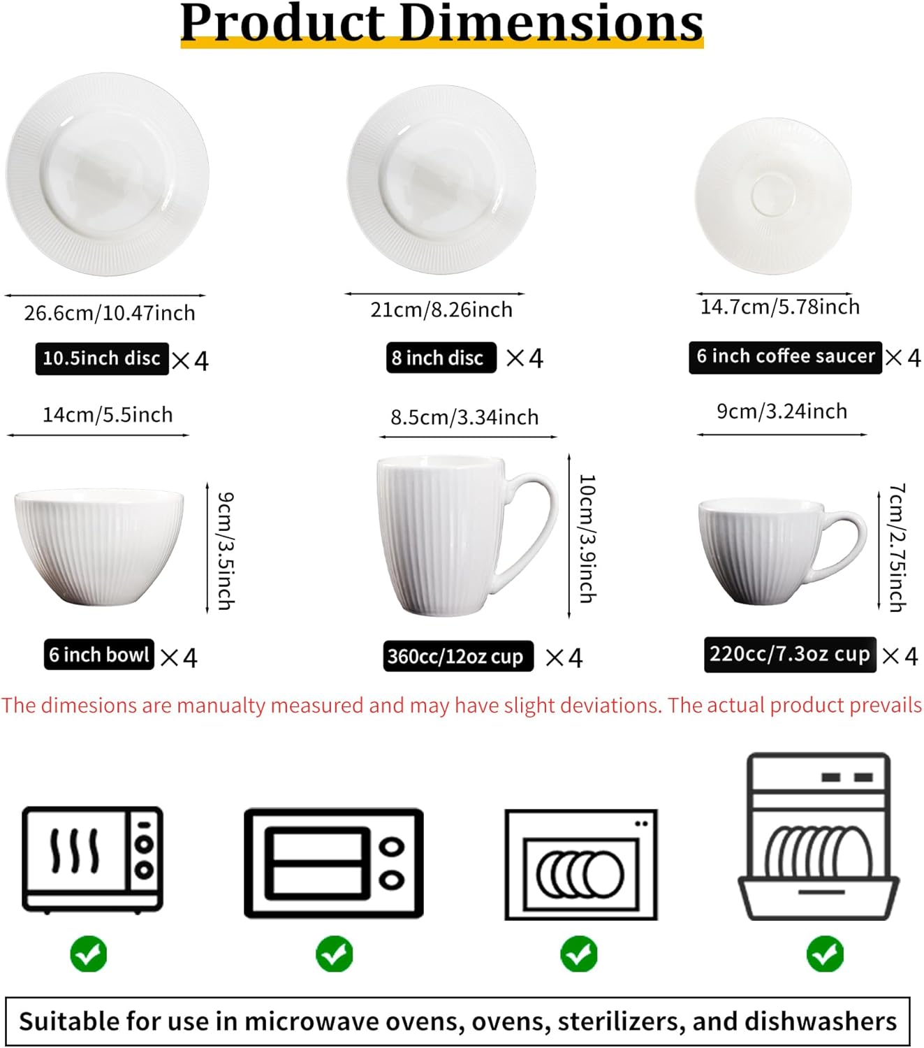 22-Piece White Ceramic Dinnerware & Coffee Set – 10.5 Inch & 8 Inch Plates, 6 Inch Coffee Saucers, 6 Inch Bowls, 12 oz Mugs, 7.3 oz Cups – Microwave, Dishwasher, Oven Safe – Modern Minimalist Tablewar