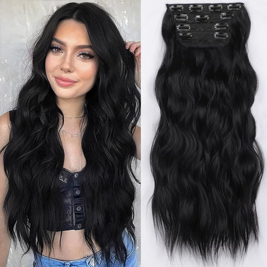 Clip in Long Wavy Synthetic Hair Extension 20 Inch, 4PCS Thick Hairpieces Fiber Double Weft Hair for Women (Black)