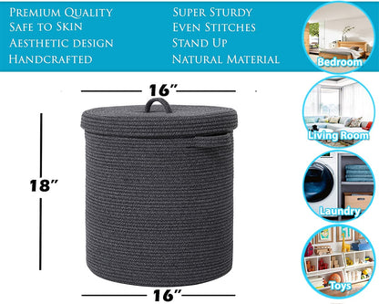 16" x 16" x 18" Extra Large Storage Basket with Lid, Cotton Rope Storage Baskets, Laundry Hamper, Toy Bin, for Toys Towels Blankets Storage in Living Room Baby Nursery, All Black Basket with Cover