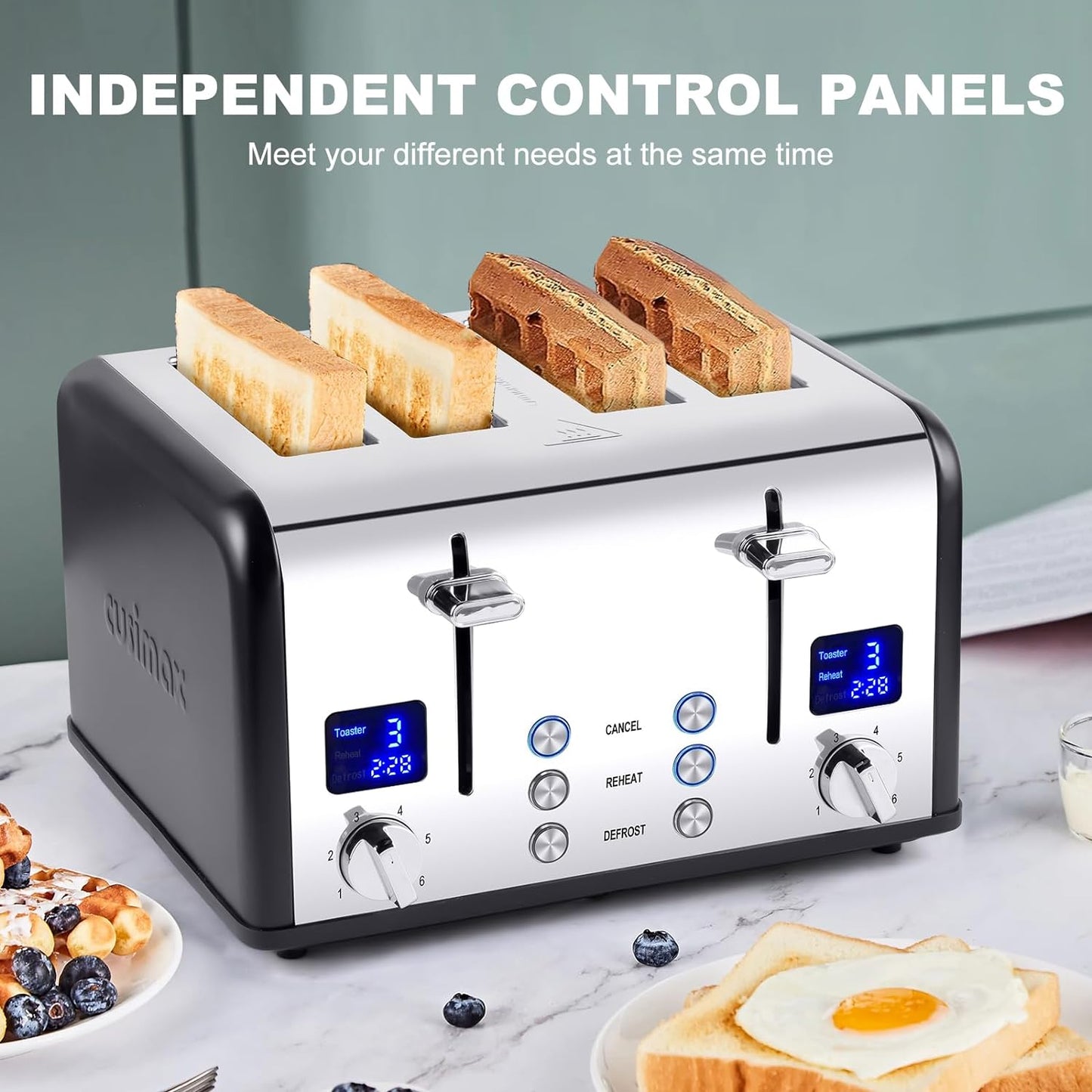 CUSIMAX 4 Slice Toaster LED Display Bread Toaster with Dual Control Panels of Timer, Extra Wide Slots and 6 Browning Settings, Cancel/Reheat/Defrost Function, Removable Crumb Trays, Silver