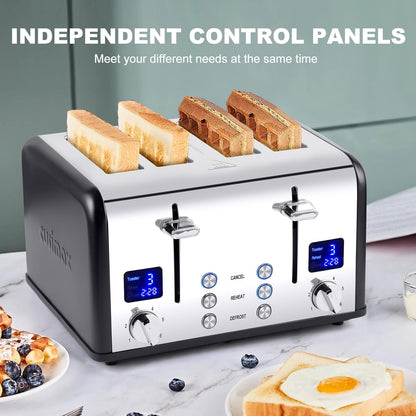 CUSIMAX 4 Slice Toaster LED Display Bread Toaster with Dual Control Panels of Timer, Extra Wide Slots and 6 Browning Settings, Cancel/Reheat/Defrost Function, Removable Crumb Trays, Silver