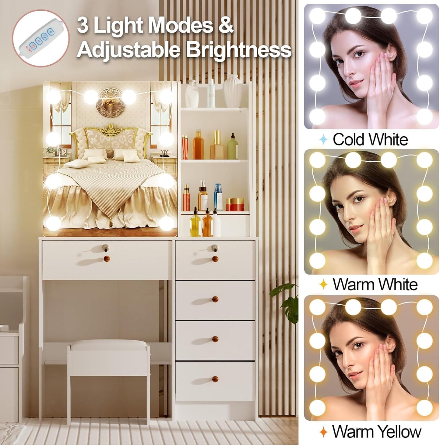 LIANWANG Dressing Table with LED Lighting, 3 Colour Temperatures, Adjustable Brightness, Dressing Table with Mirror for Make-Up, 6 Drawers, 1 Stool, 131 x 80 x 36 cm, White