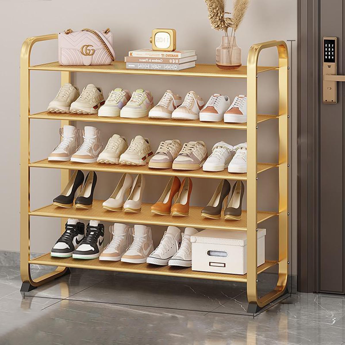 Golden Shoe Rack, Metal Shoes Stand, Shoe Cabinet, Free Standing Rake, Entryway Shoe Organizer Shelf, Multi-Function Storage Organizer, Boots Storage Shelf for Home, House, Office Furniture (Gold)