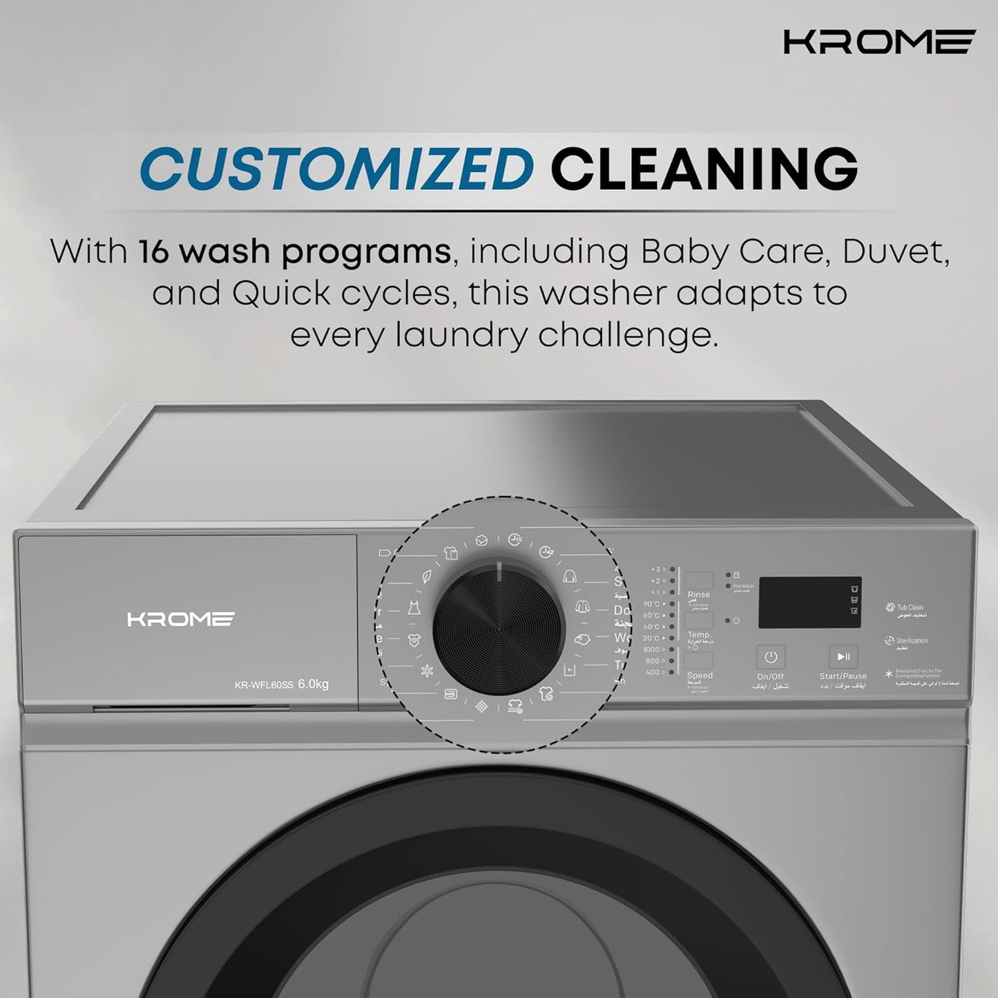 KROME 6Kg 1000 RPM Front Load Washing Machine,LED Display with Universal Motor, 5 Star Energy Efficient, 16 Wash Programs with Variable Temperature Setting, 5 Year Motor Warranty Titanium - KR-WFL60SS