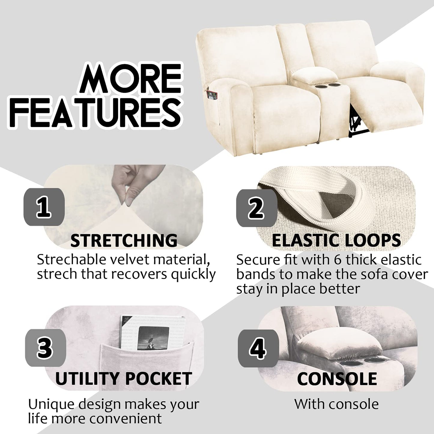 ULTICOR Reclining Loveseat with Middle Console Slipcover, 8-Piece Velvet Stretch Loveseat Reclining Sofa Covers, 2 seat Loveseat Recliner Cover, Thick, Soft, Washable, Loveseat Slipcovers (Dark Grey)