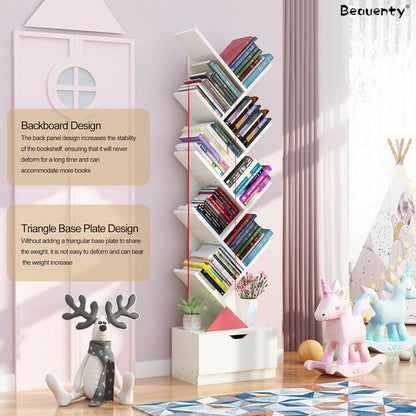 Beauenty Desktop Tree Bookshelf Display Storage Shelf 10 Tier, Wood Storage Rack Tree Bookcase With Drawer For Home School Book Magazine Office Study Table Bedroom (Style 2)