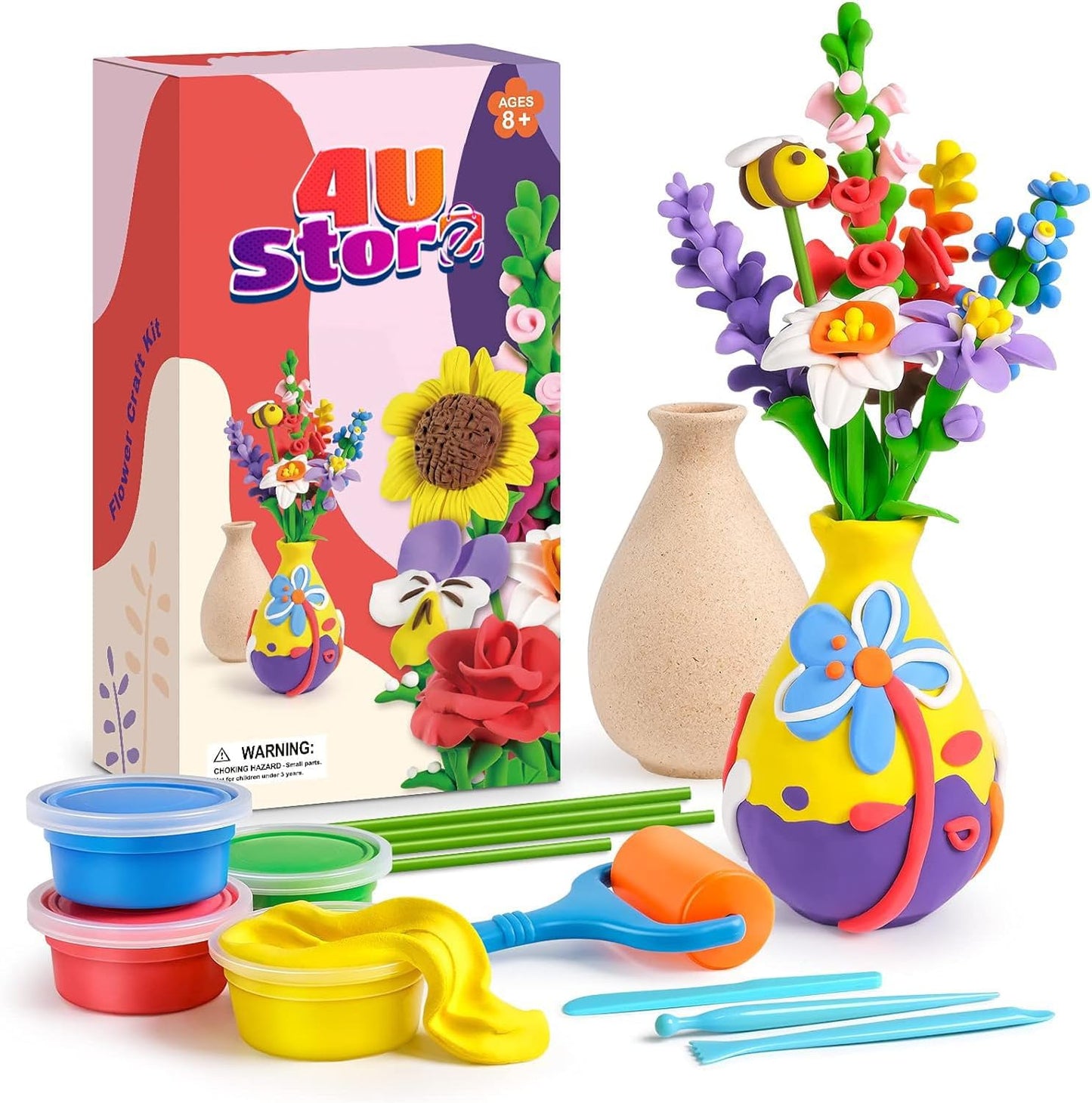 4USTORE Dinosaur Craft Kit for Kids, Make Your Own Flower Bouquet with Air Dry Clay, Arrange Clay Flowers & Create Personalized Art, Great Gifts for Girls