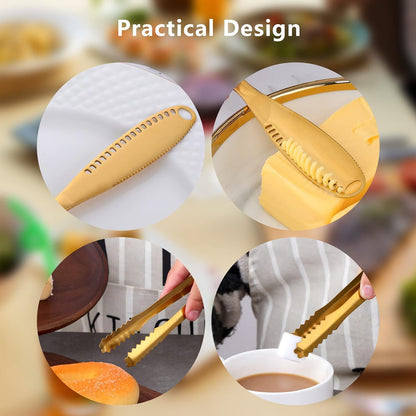 TUPMFG 14 Pieces Cheese Butter Jam Spreader Knives Set Stainless Steel Round Soup Spoons Dinner Forks Handles Mini Serving Tongs for Butter Jam Pastry Making Gold