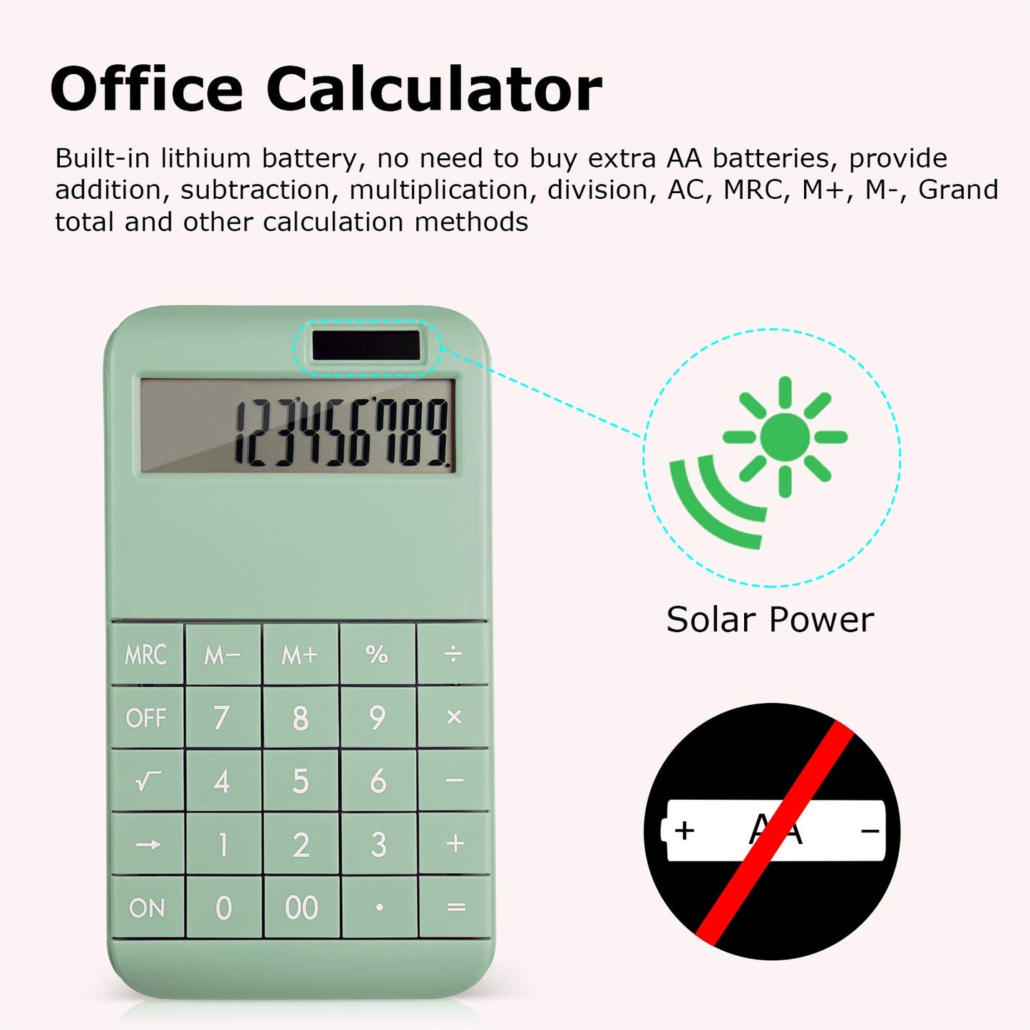 EooCoo Basic Standard Calculator 12 Digit Desktop Calculator with Large LCD Display for Office, School, Home & Business Use, Modern Design - Green