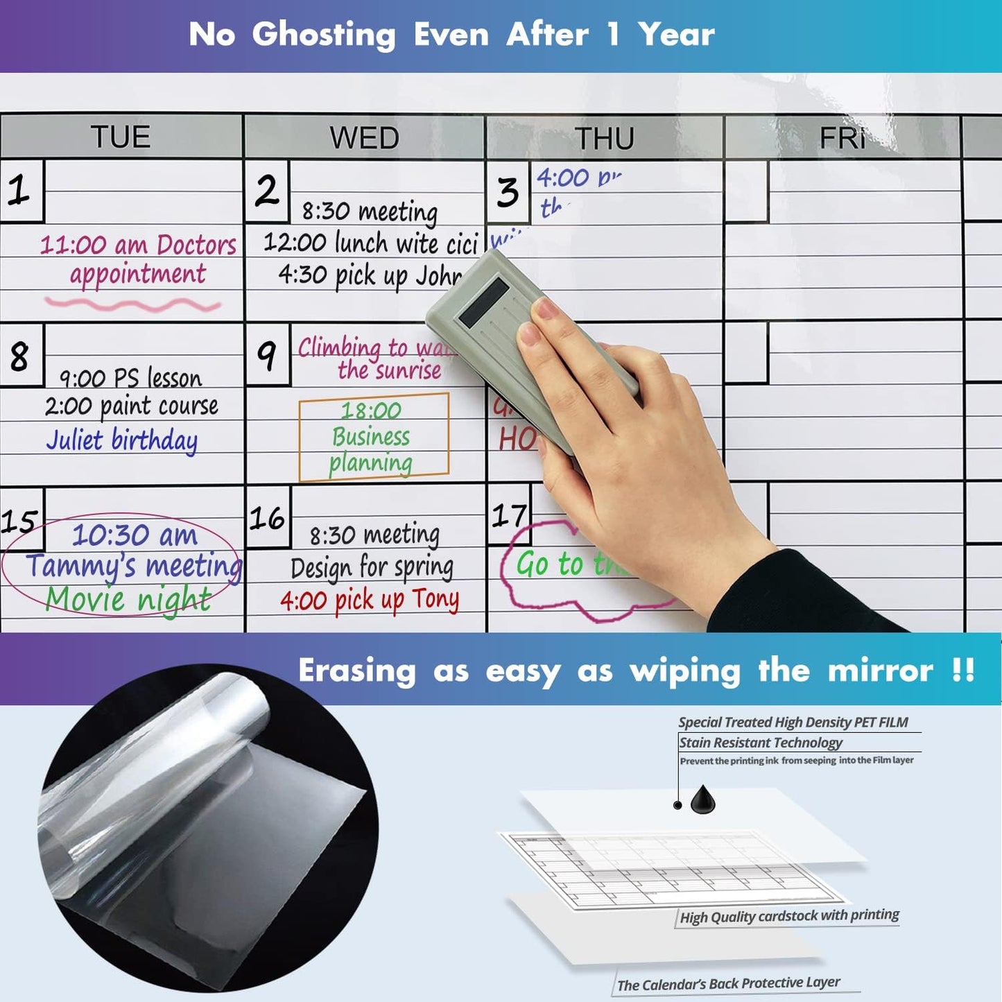 Dry Erase Monthly Laminated Jumbo Whiteboard Calendar, 25" by 38", Erasable Family Schedule Planner