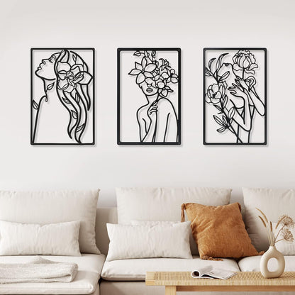 CHENGU 3 Pieces Metal Minimalist Abstract Woman Wall Art Line Drawing Wall Art Decor Single Line Female Home Hanging Wall Art Decor for Kitchen Bathroom Living Room (Black, Hand)