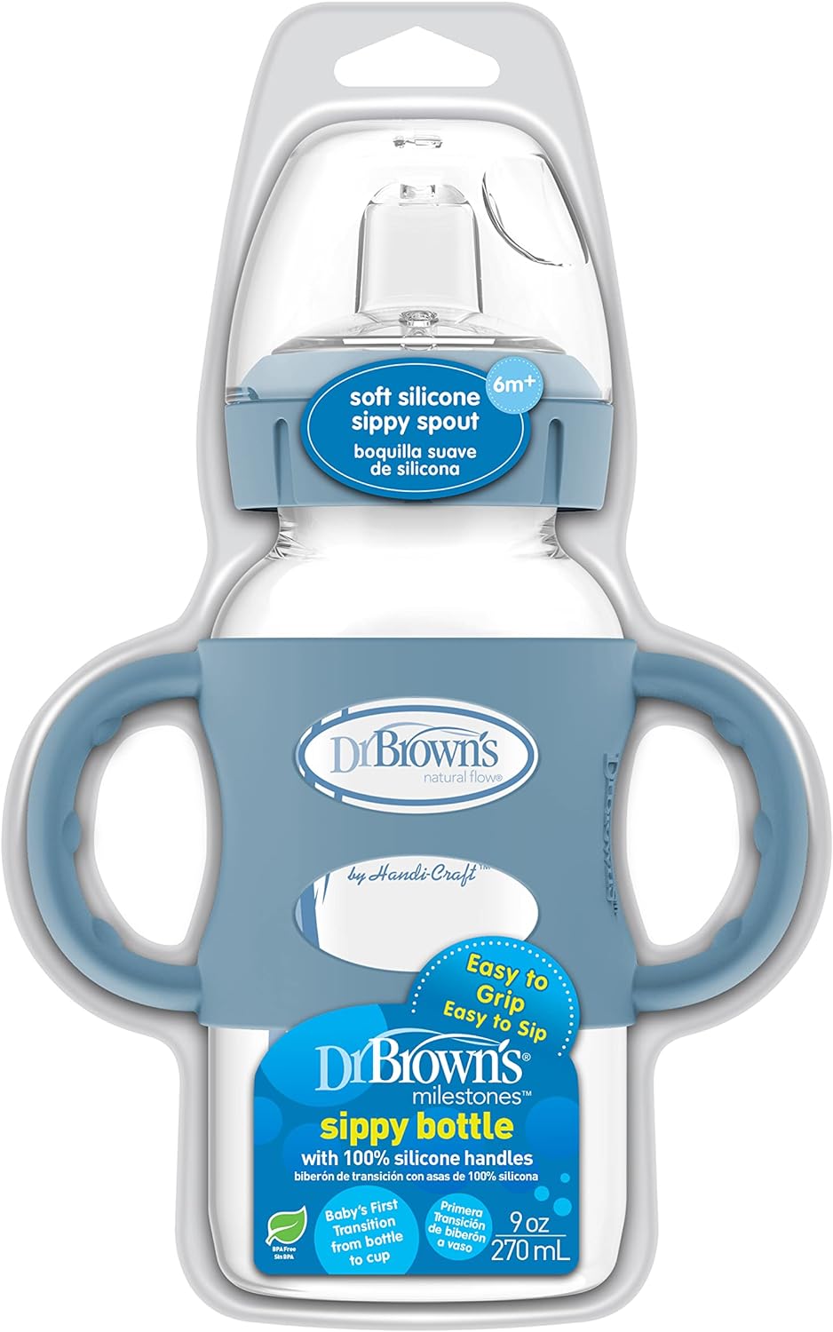 Dr. Brown's Milestones Wide-Neck Transitional Sippy Bottle with Silicone Handles 9 oz/270 mL, Blue, 1-Pack